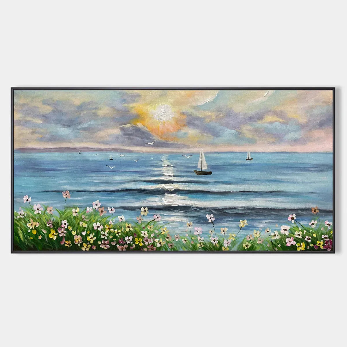 SUNSET SAIL: Coastal Sunset Painting, Sailboat and Wildflowers, Horizontal Canvas, Ocean Decor