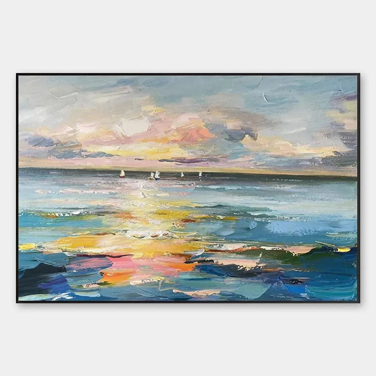 SUNSET SAIL: Seascape Painting, Impasto Texture, Ocean View, Panoramic Wall Art, Horizontal