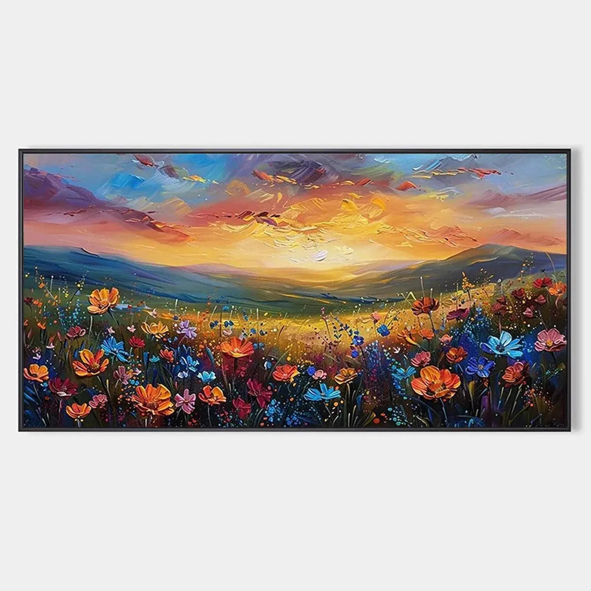 SUNSET SERENADE: Textured Floral Landscape Painting, Impasto Wall Art, Horizontal Canvas, Sunset Decor