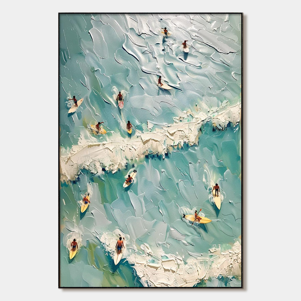 SURF'S UP: Textured Aerial View of Surfers Oil Painting