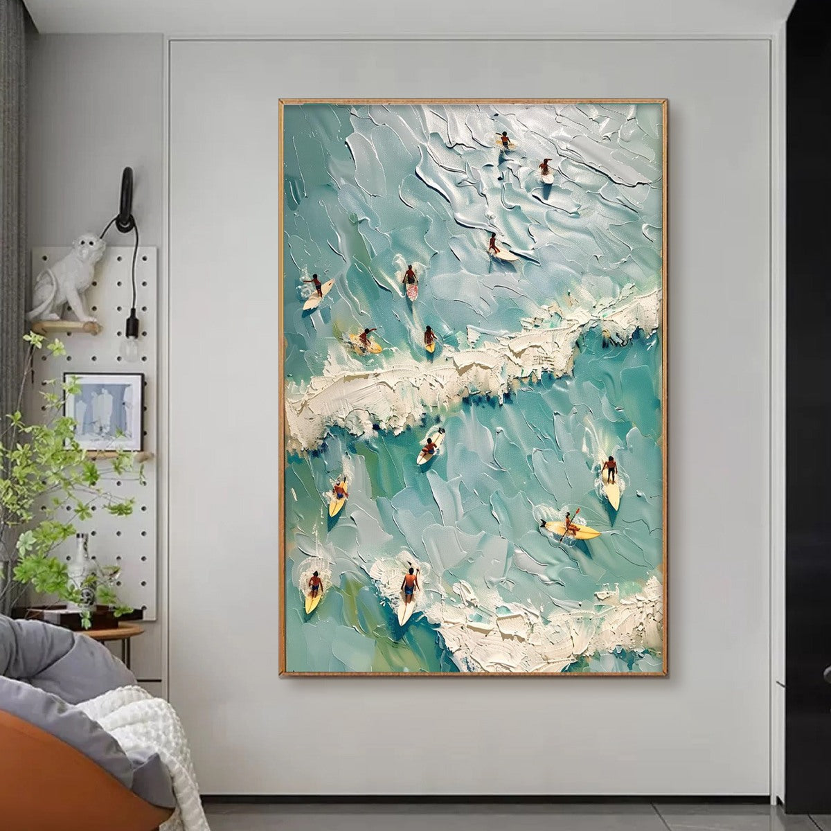 SURF'S UP: Textured Aerial View of Surfers Oil Painting