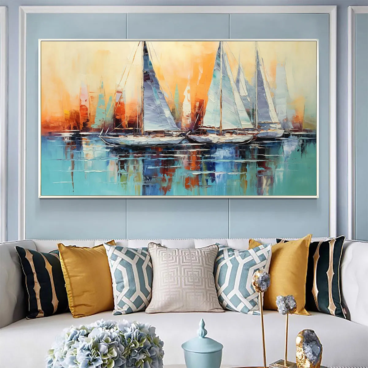 SAILING AT SUNSET: Panoramic Sailboat Painting, Coastal Wall Art, Blue, Orange, Living Room, Bedroom, Office