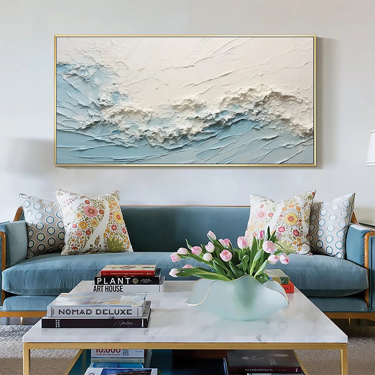 SERENE SEASCAPE: Panoramic Textured Abstract Painting, Impasto Wall Art, Blue, White, Beige, Living Room, Bedroom