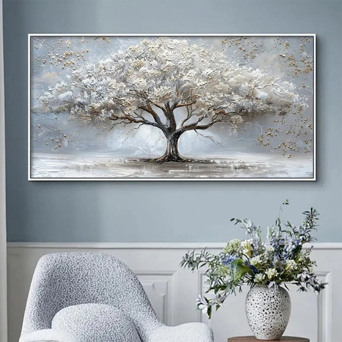 SILVER LINING: Textured White and Gold Tree Painting on Grey Background