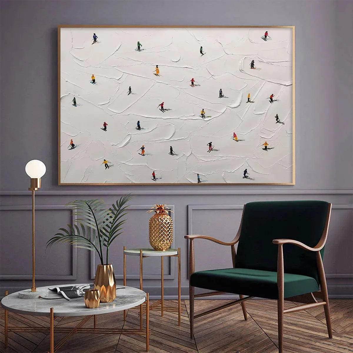 SKI SLOPES: Minimalist Painting of Skiers on a Snowy Slope