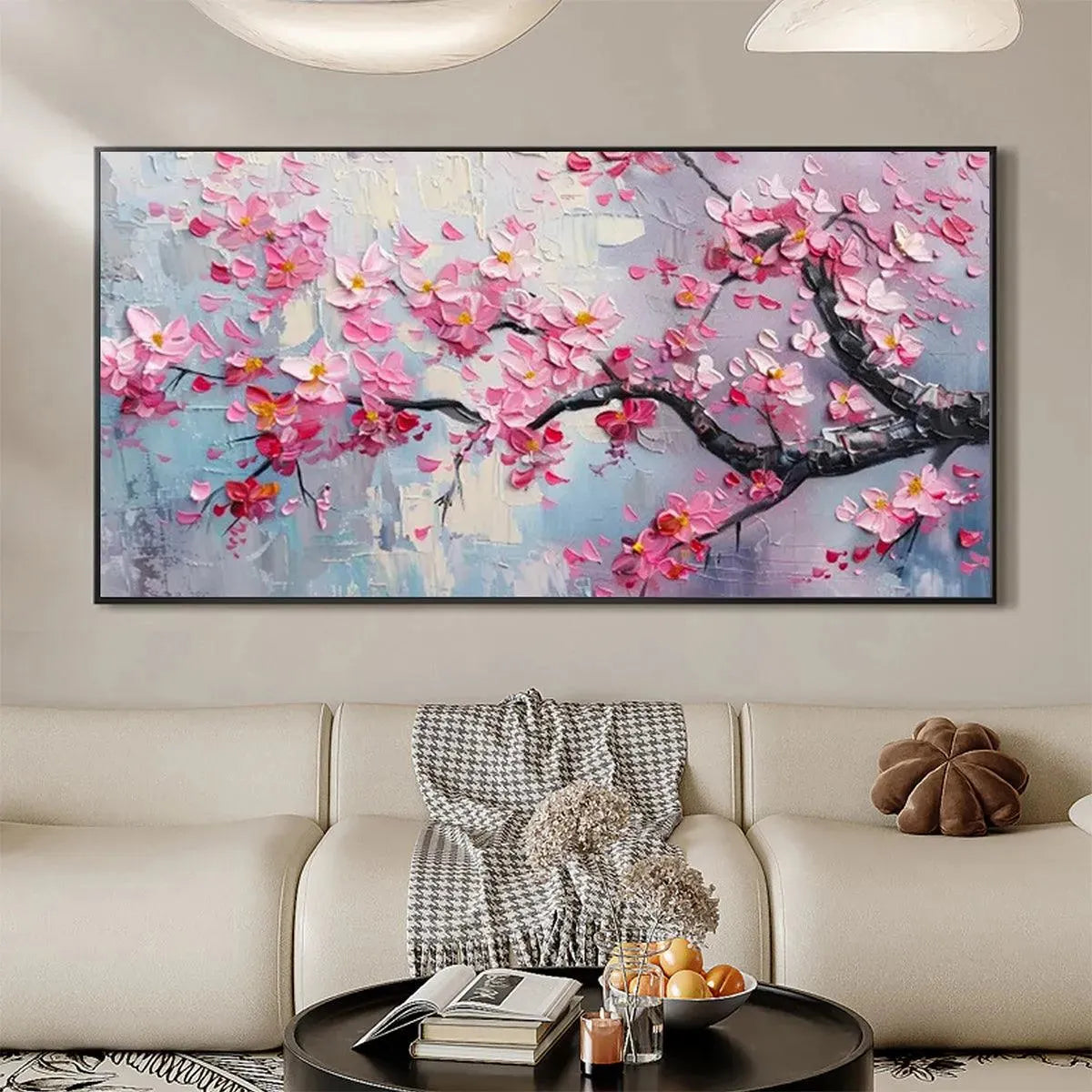 SPRINGTIME SERENADE: Textured Cherry Blossom Painting, Horizontal Wall Art