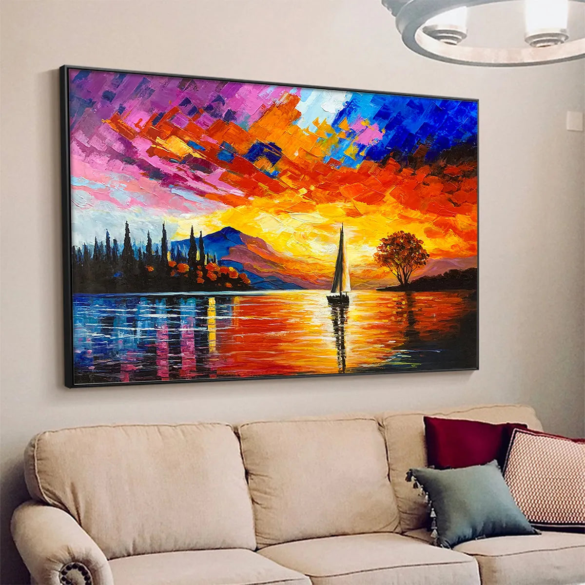 SAILING AT SUNSET: Square Impasto Landscape Painting of a Tranquil Lake