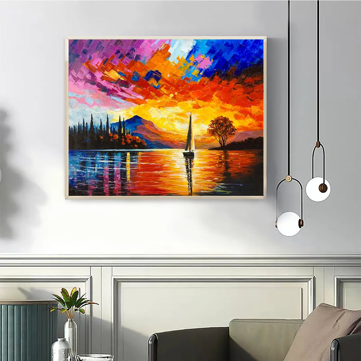 SAILING AT SUNSET: Square Impasto Landscape Painting of a Tranquil Lake