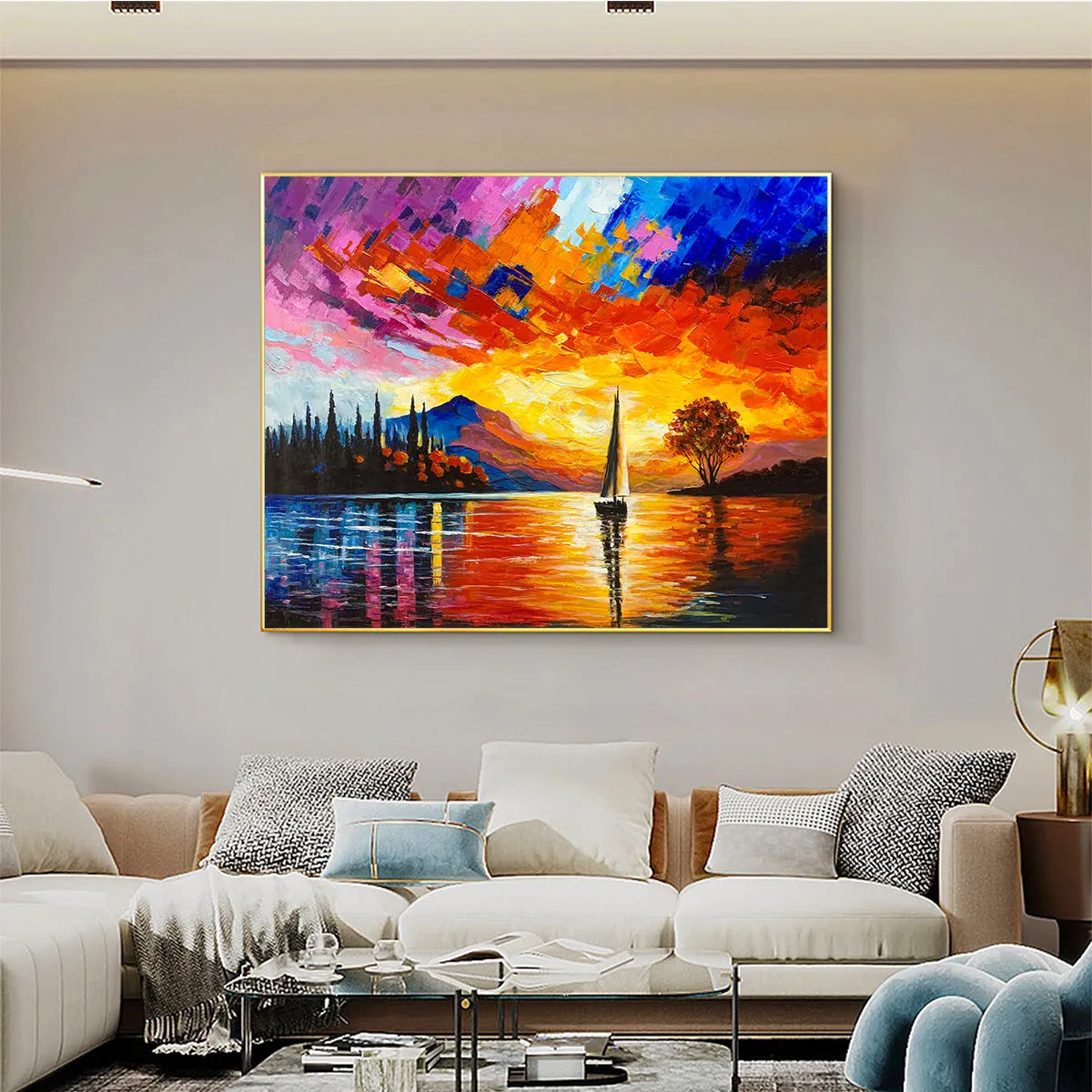 SAILING AT SUNSET: Square Impasto Landscape Painting of a Tranquil Lake