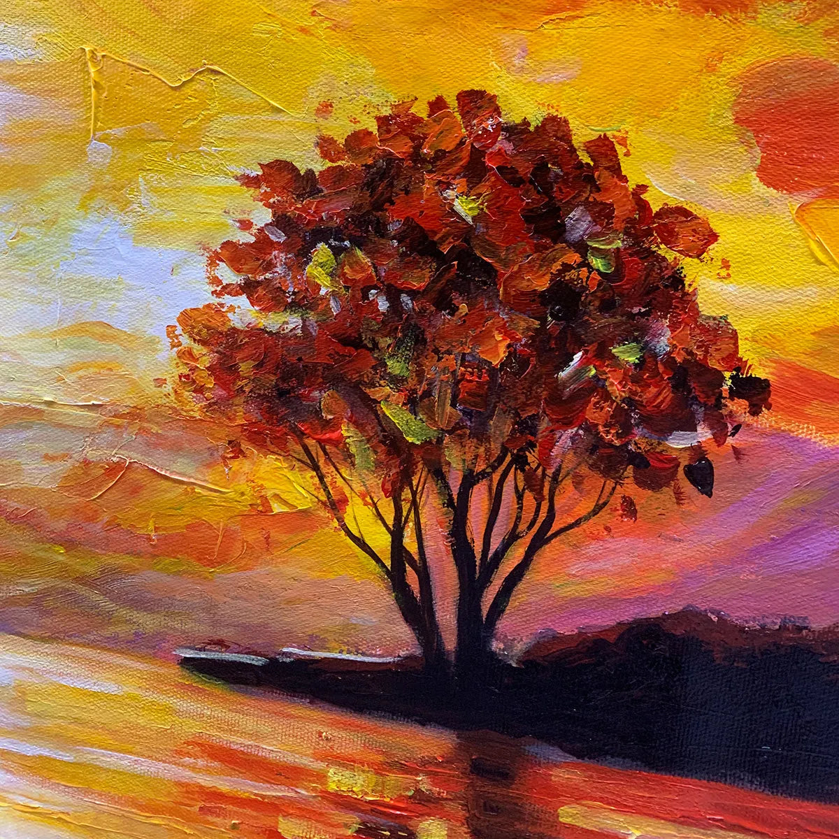SAILING AT SUNSET: Square Impasto Landscape Painting of a Tranquil Lake