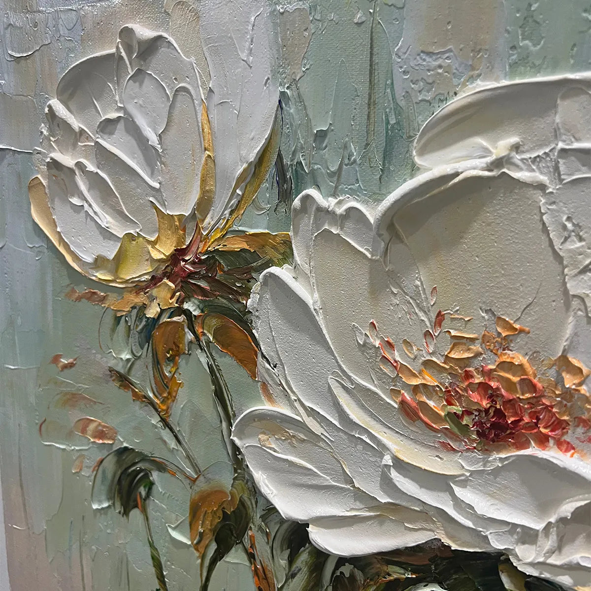 WHITE PEONY DUET: Square Impasto Peony Painting in Soft White