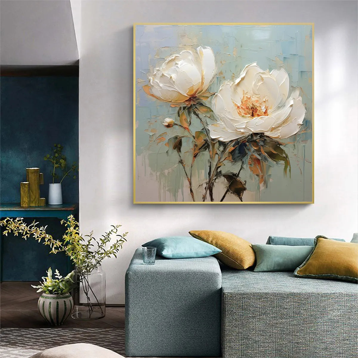 WHITE PEONY DUET: Square Impasto Peony Painting in Soft White
