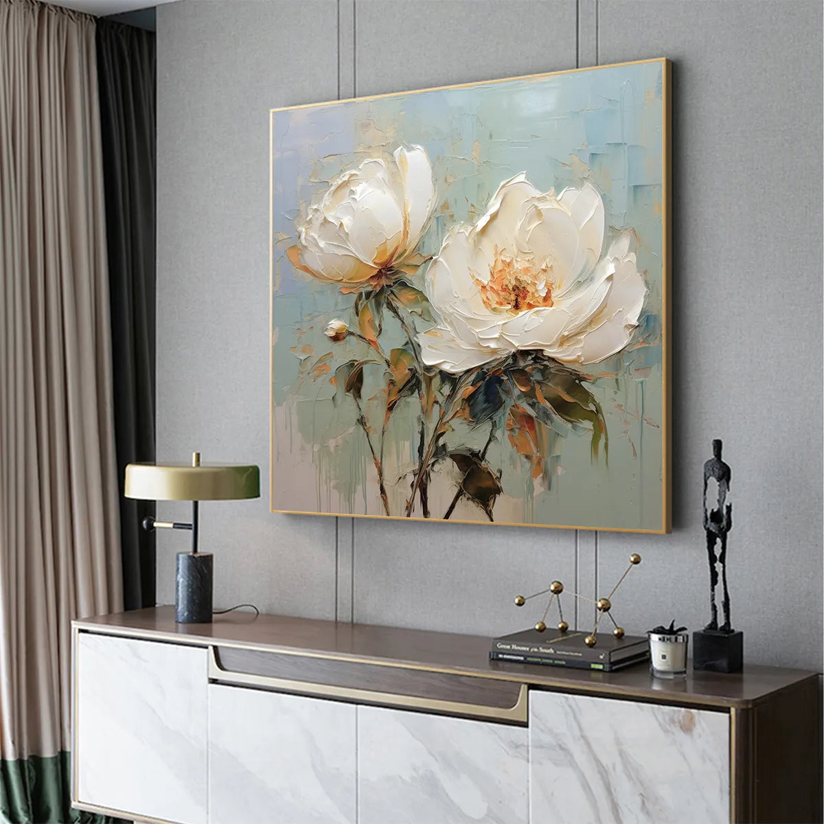 WHITE PEONY DUET: Square Impasto Peony Painting in Soft White