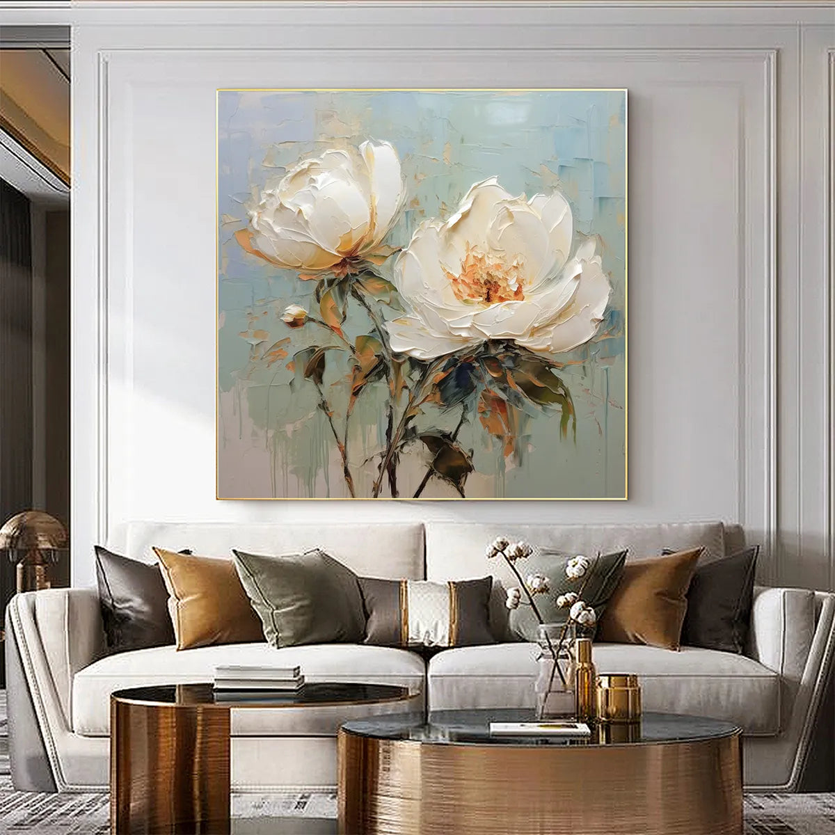 WHITE PEONY DUET: Square Impasto Peony Painting in Soft White