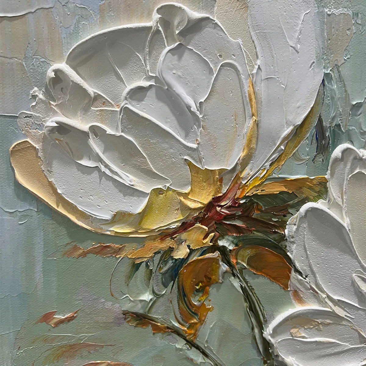 WHITE PEONY DUET: Square Impasto Peony Painting in Soft White