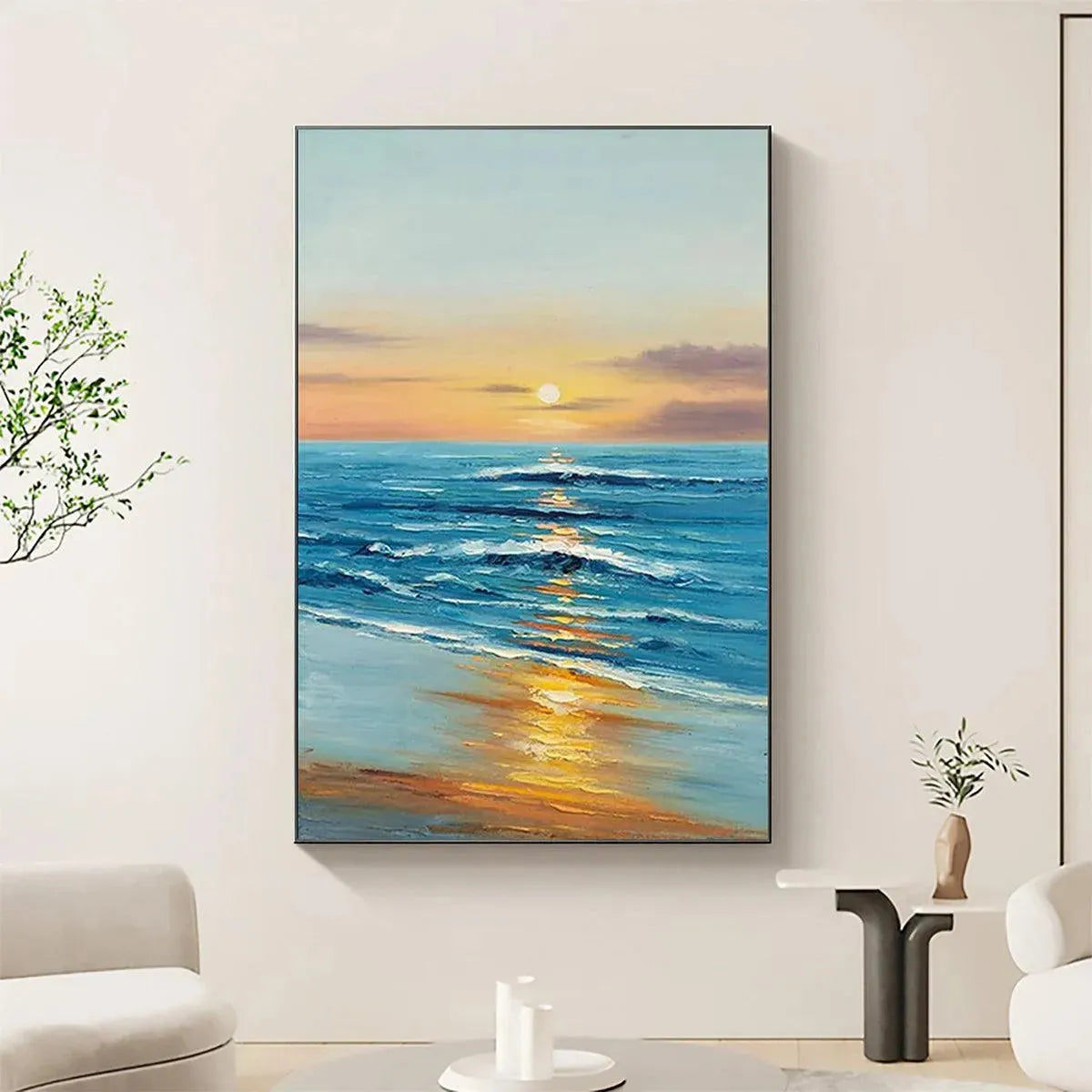 SUNKISSED SHORES: Vertical Ocean Sunset Painting, Beach Wall Art