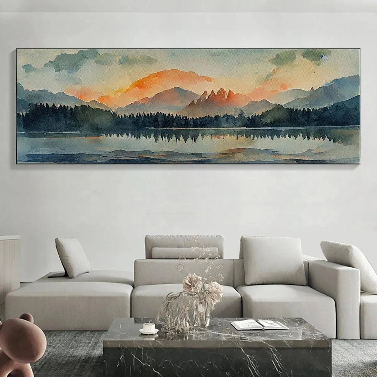 SUNSET SERENITY PANORAMIC: Landscape Painting, Panoramic Wall Art, Watercolor Decor