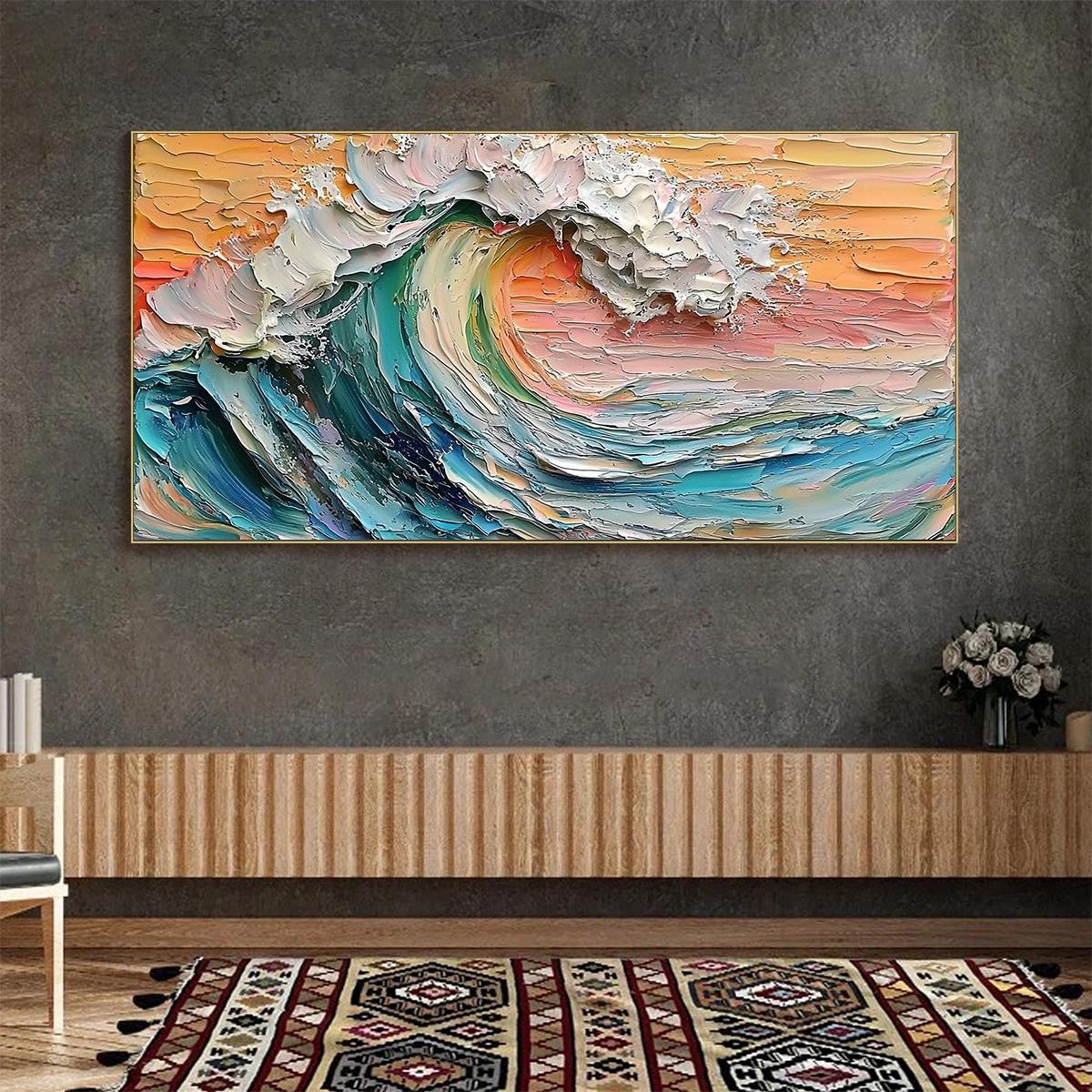 SUNSET SURGE: Textured Impasto Ocean Wave Oil Painting