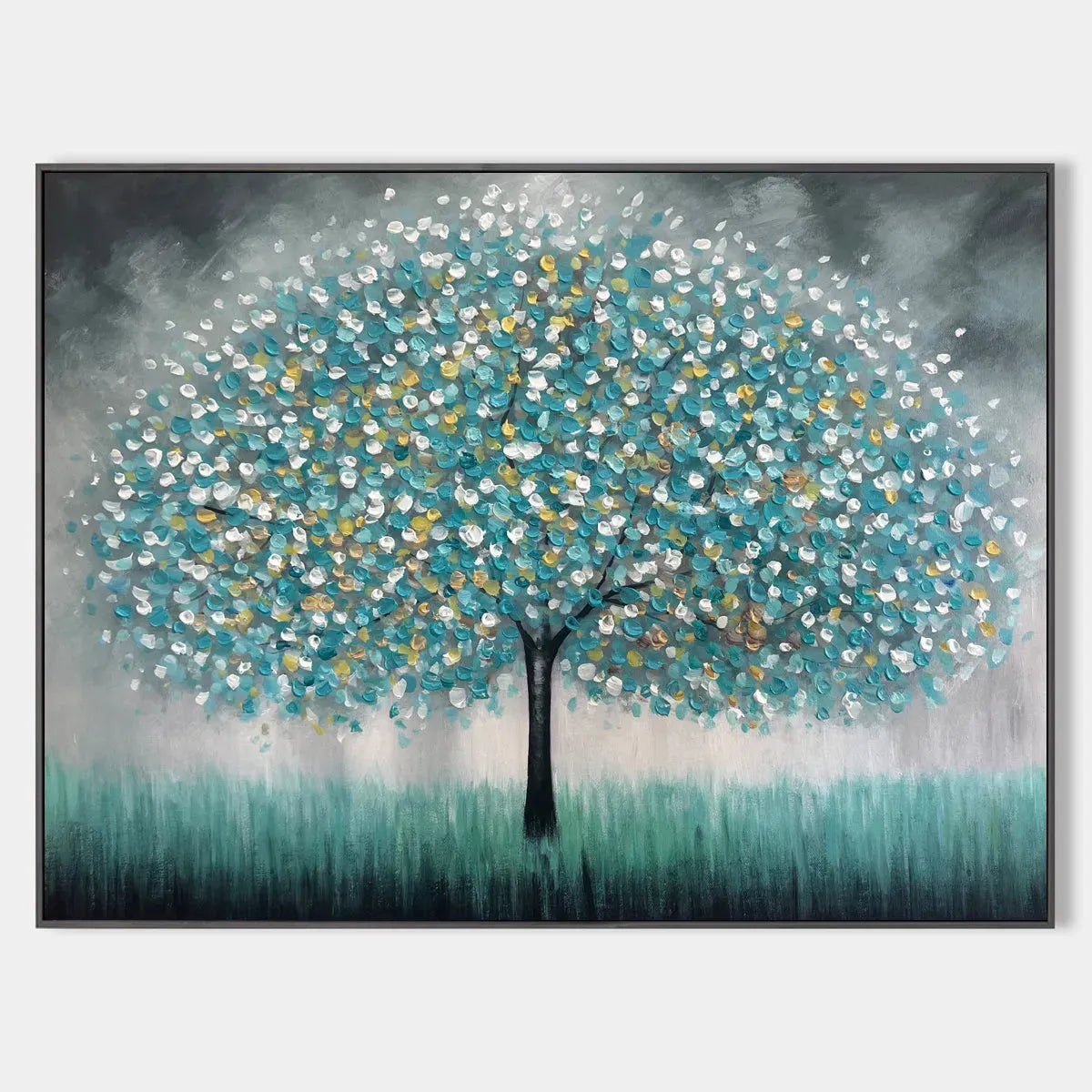 TEAL DREAM: Textured Tree Painting in Teal and Grey, Horizontal Canvas, Modern Wall Art