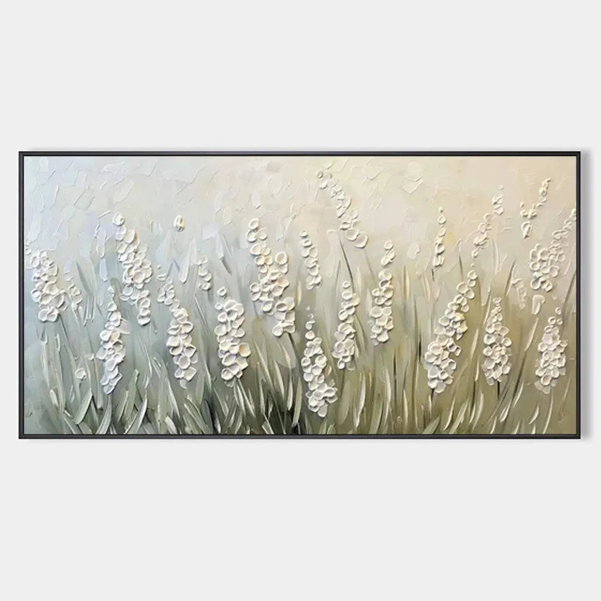 TEXTURED MEADOW: Textured Floral Landscape Painting in Green and White