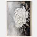TEXTURED WHITE ROSE: 3D Floral Impasto Painting, Square Wall Art