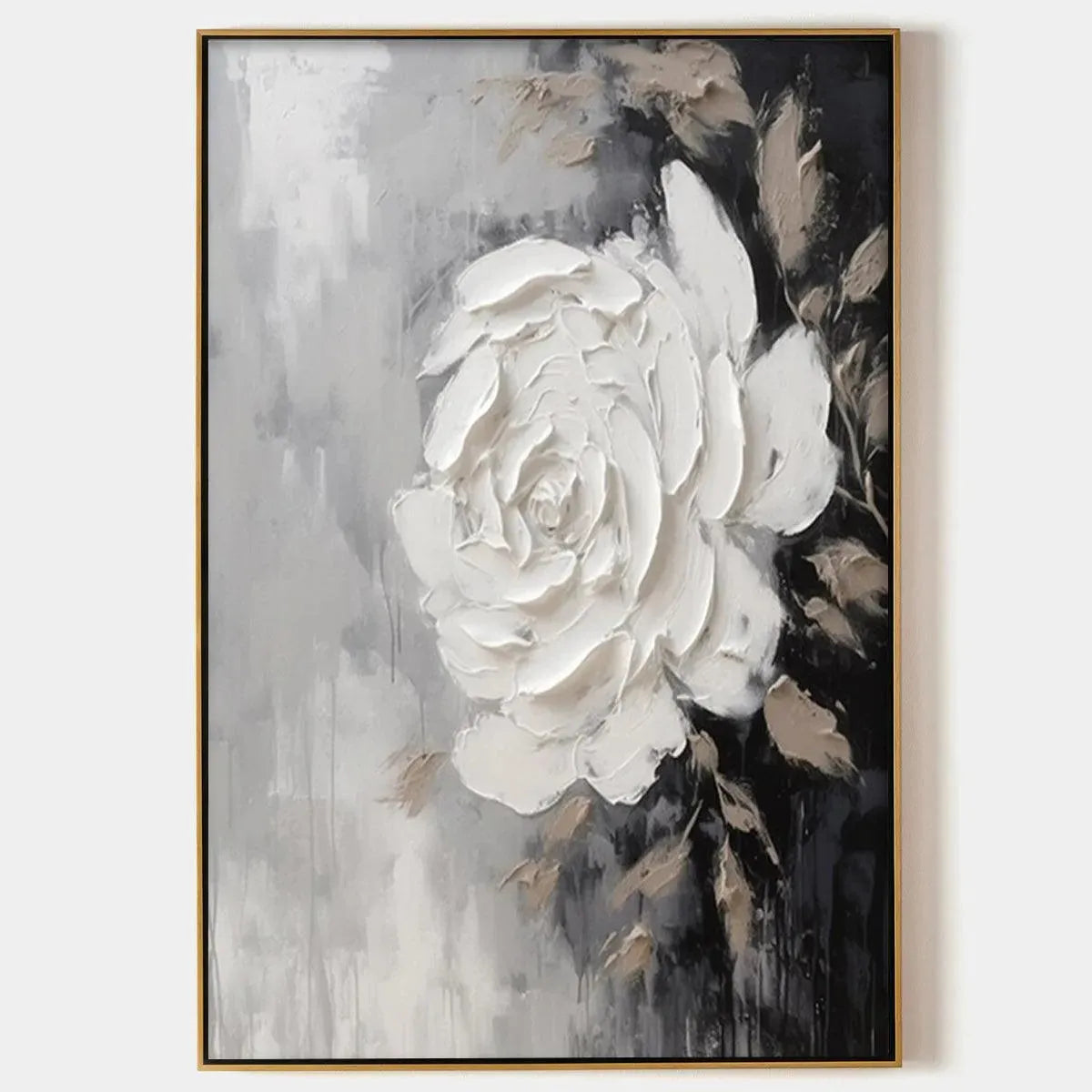 TEXTURED WHITE ROSE: 3D Floral Impasto Painting, Square Wall Art