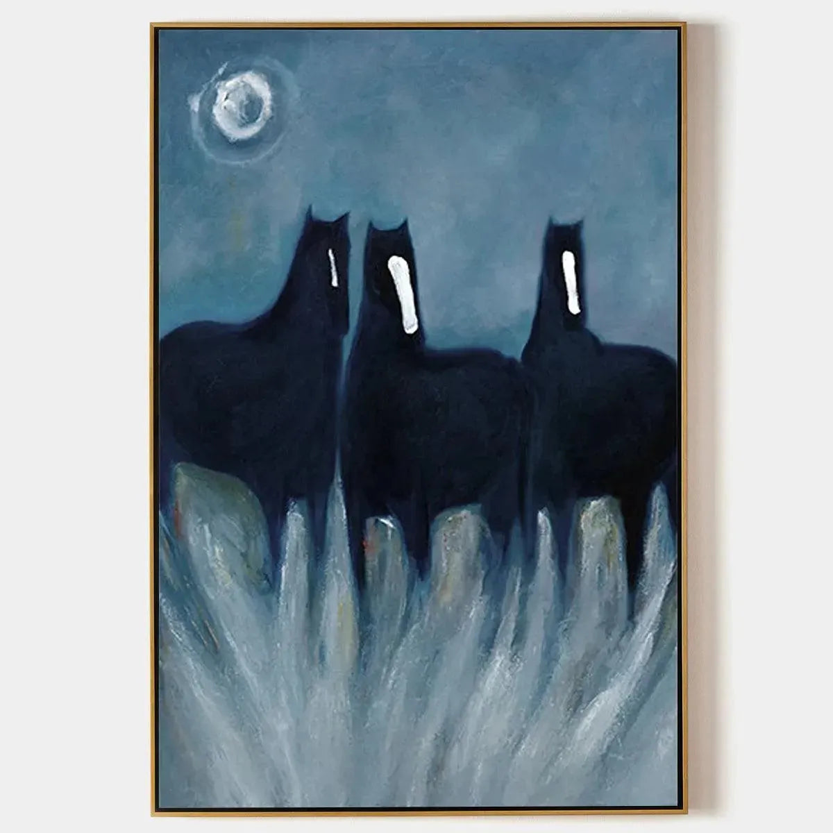 THREE HORSES AT NIGHT: Minimalist Horse Painting, Vertical Wall Art