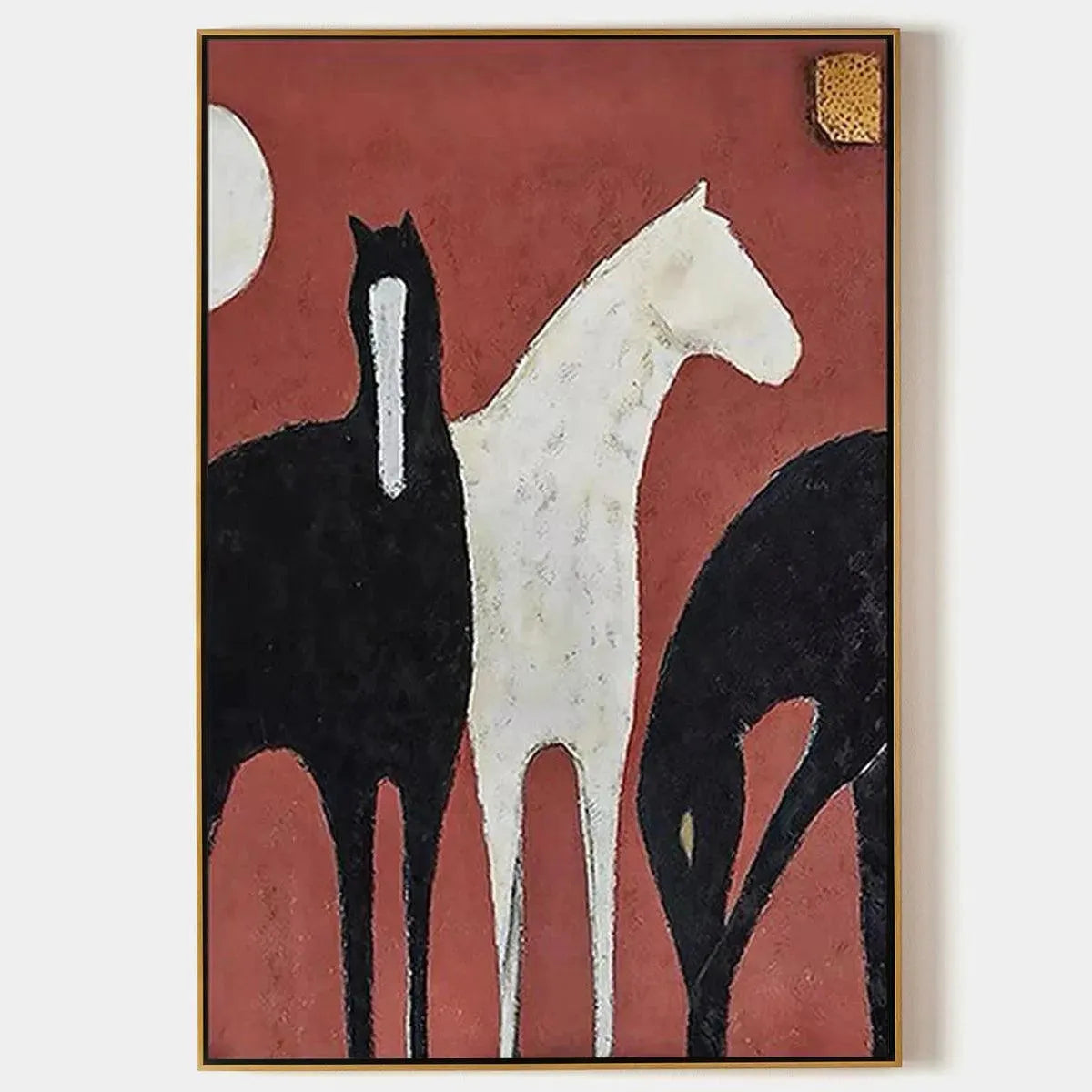THREE HORSES ON RED: Minimalist Horse Painting, Vertical Wall Art