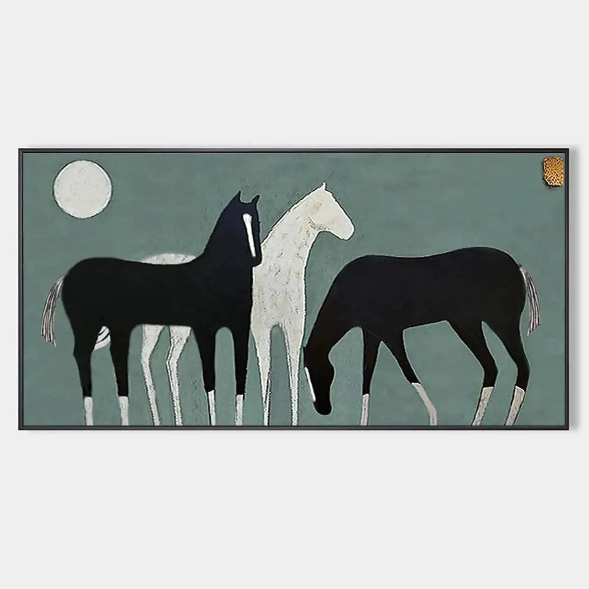 THREE HORSES UNDER THE MOON: Minimalist Horse Painting, Panoramic Wall Art