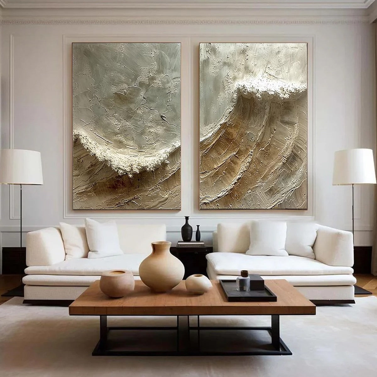 TIDAL WHISPER: Textured Wabi Sabi Coastal Diptych Oil Painting
