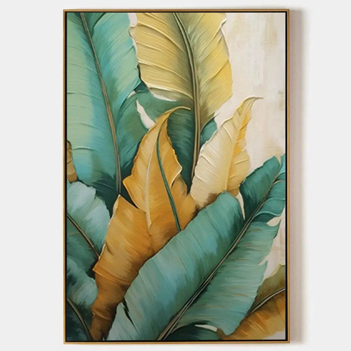 TROPICAL ABUNDANCE: Textured Tropical Leaves Painting, Green and Gold Wall Art, Vertical Canvas, Botanical Decor