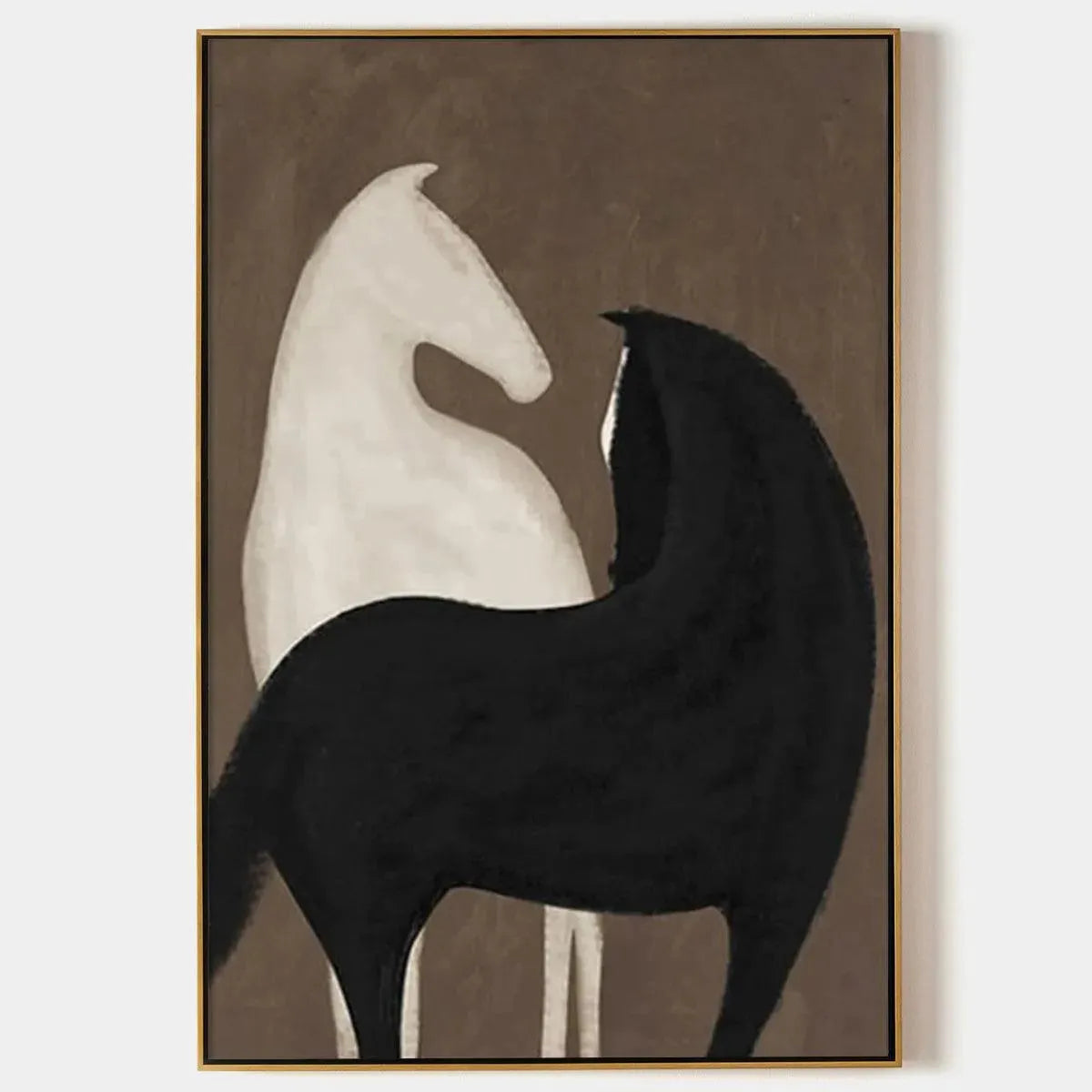 TWO HORSES ON BROWN: Minimalist Horse Painting, Vertical Wall Art