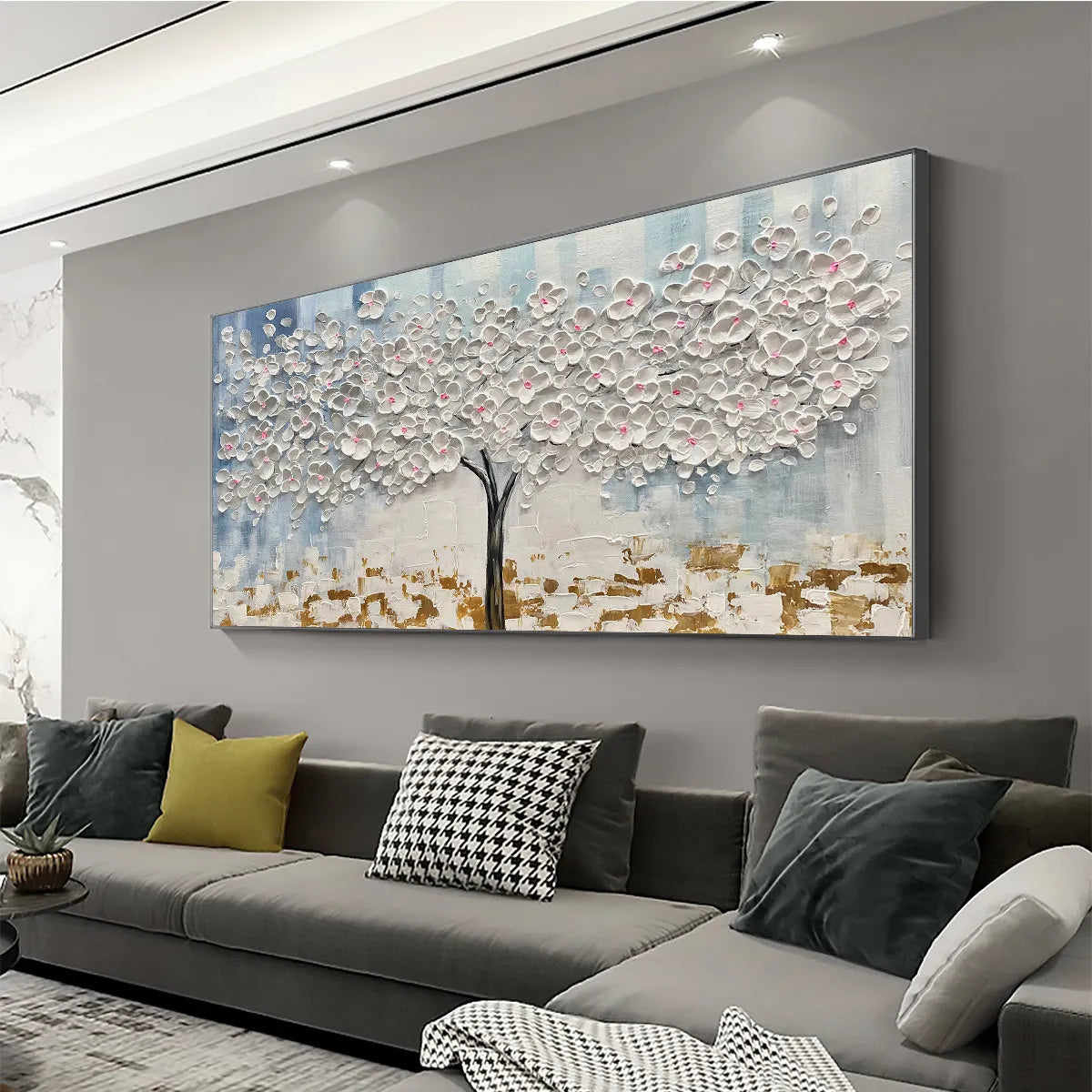 BLOSSOM DREAM: Textured Blossom Tree Painting in White and Gold