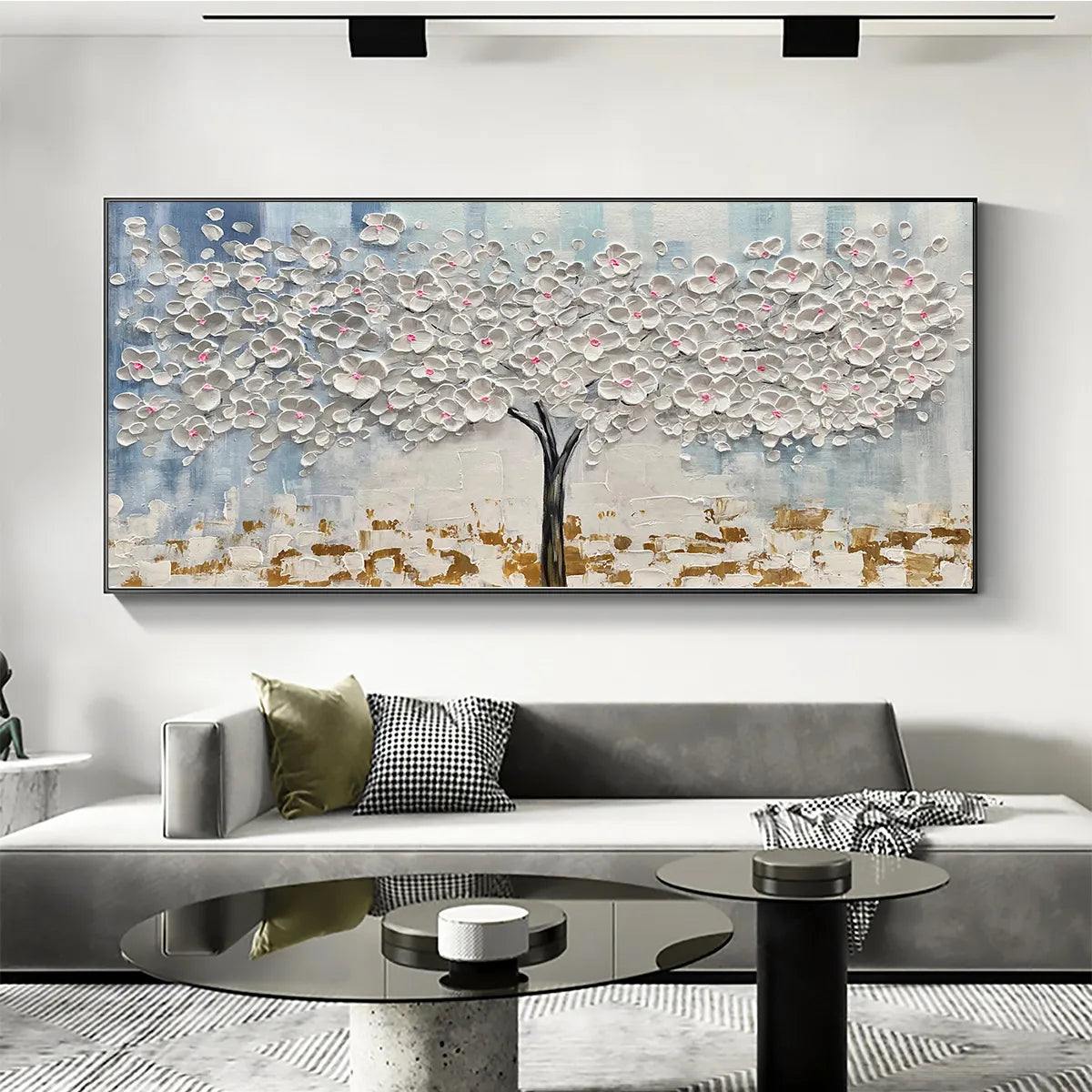 BLOSSOM DREAM: Textured Blossom Tree Painting in White and Gold