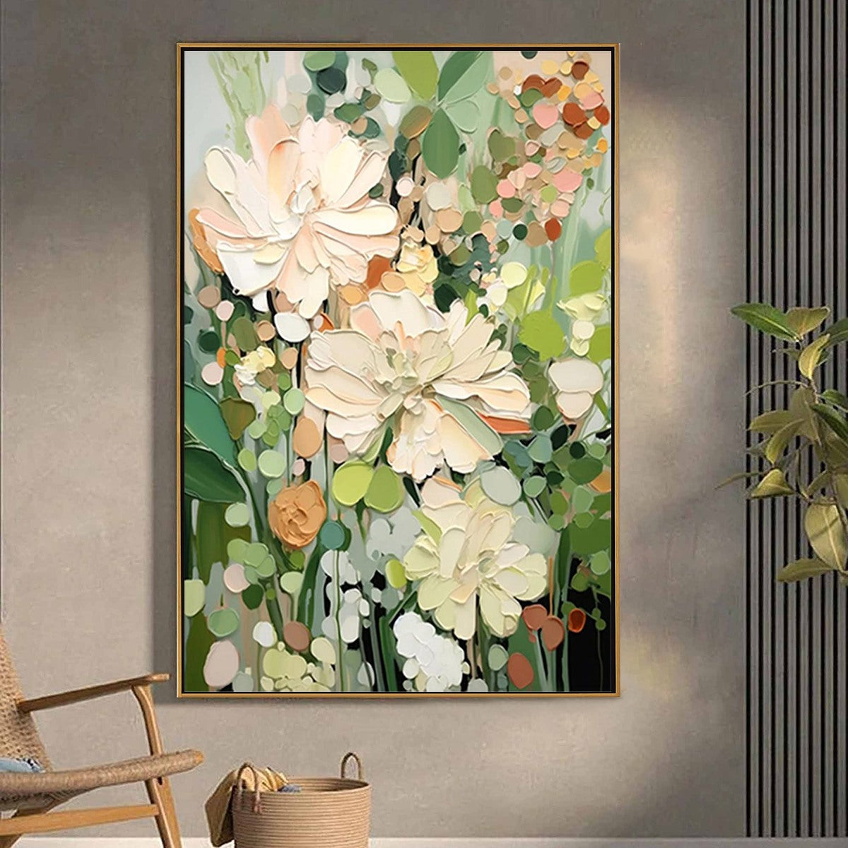 BLUSHING BLOOMS: Textured Floral Painting, Impasto Palette Knife, Vertical Canvas, Modern Floral Wall Art