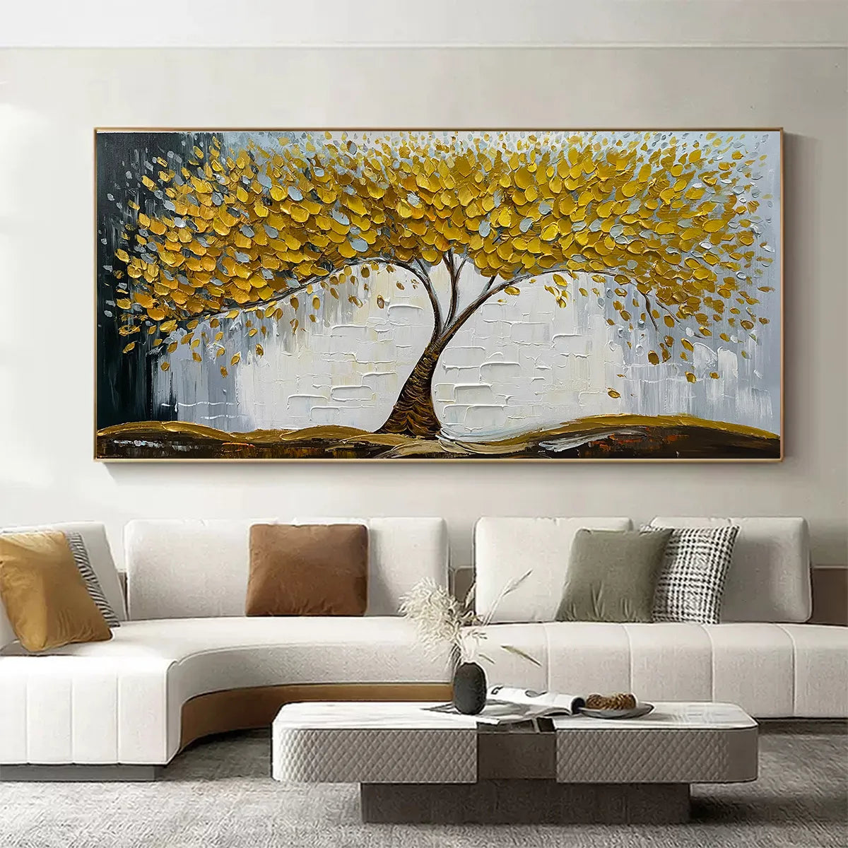 GOLDEN SANCTUARY: Textured Golden Tree Oil Painting on Canvas