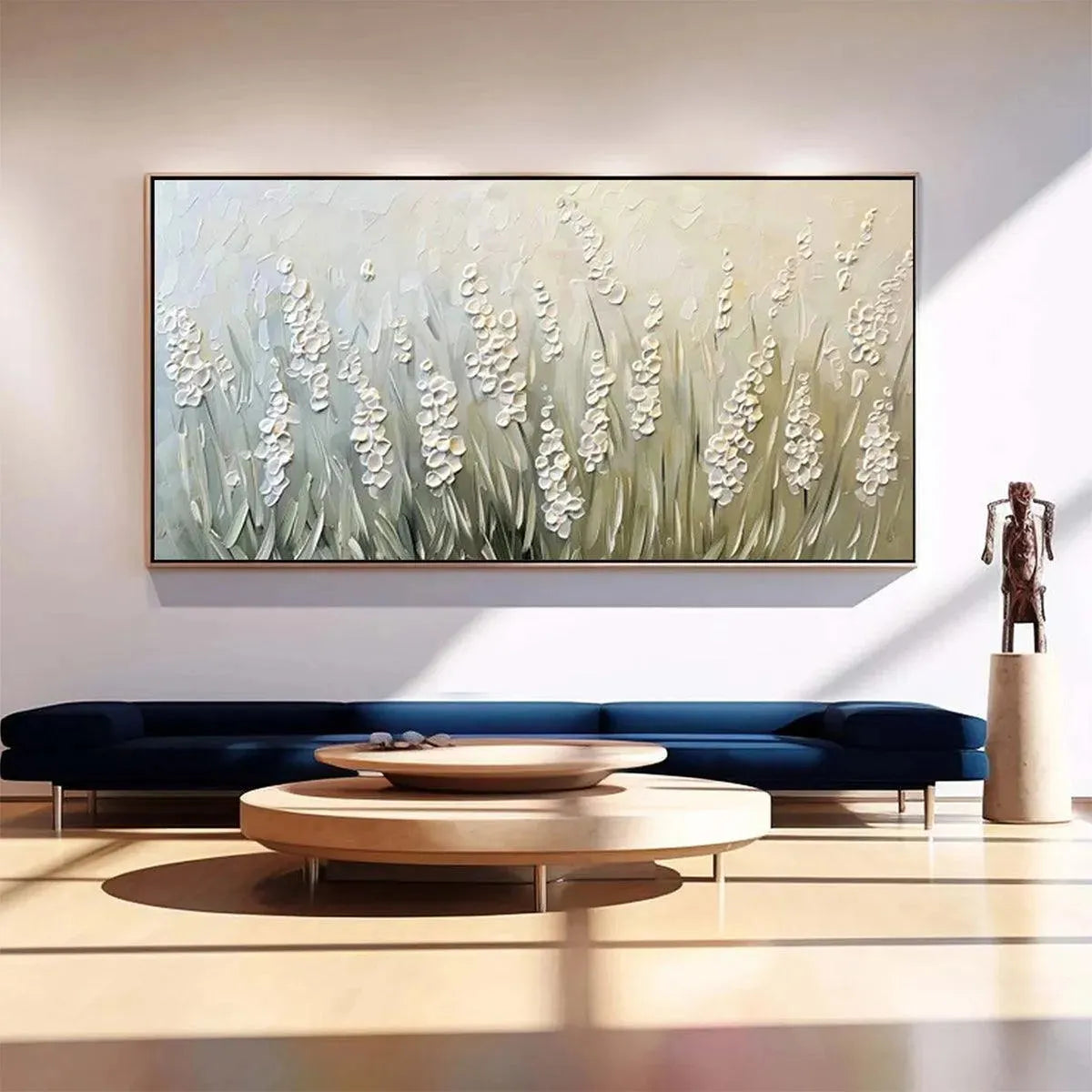 TEXTURED MEADOW: Textured Floral Landscape Painting in Green and White