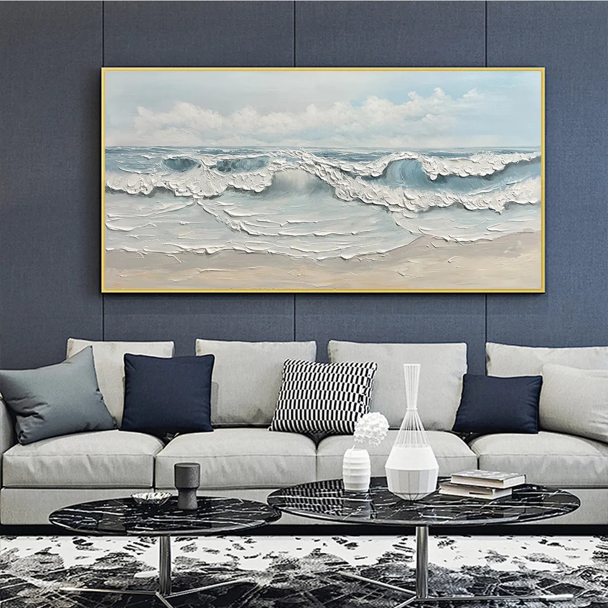 COASTAL SERENITY: Textured Ocean Waves Seascape Oil Painting