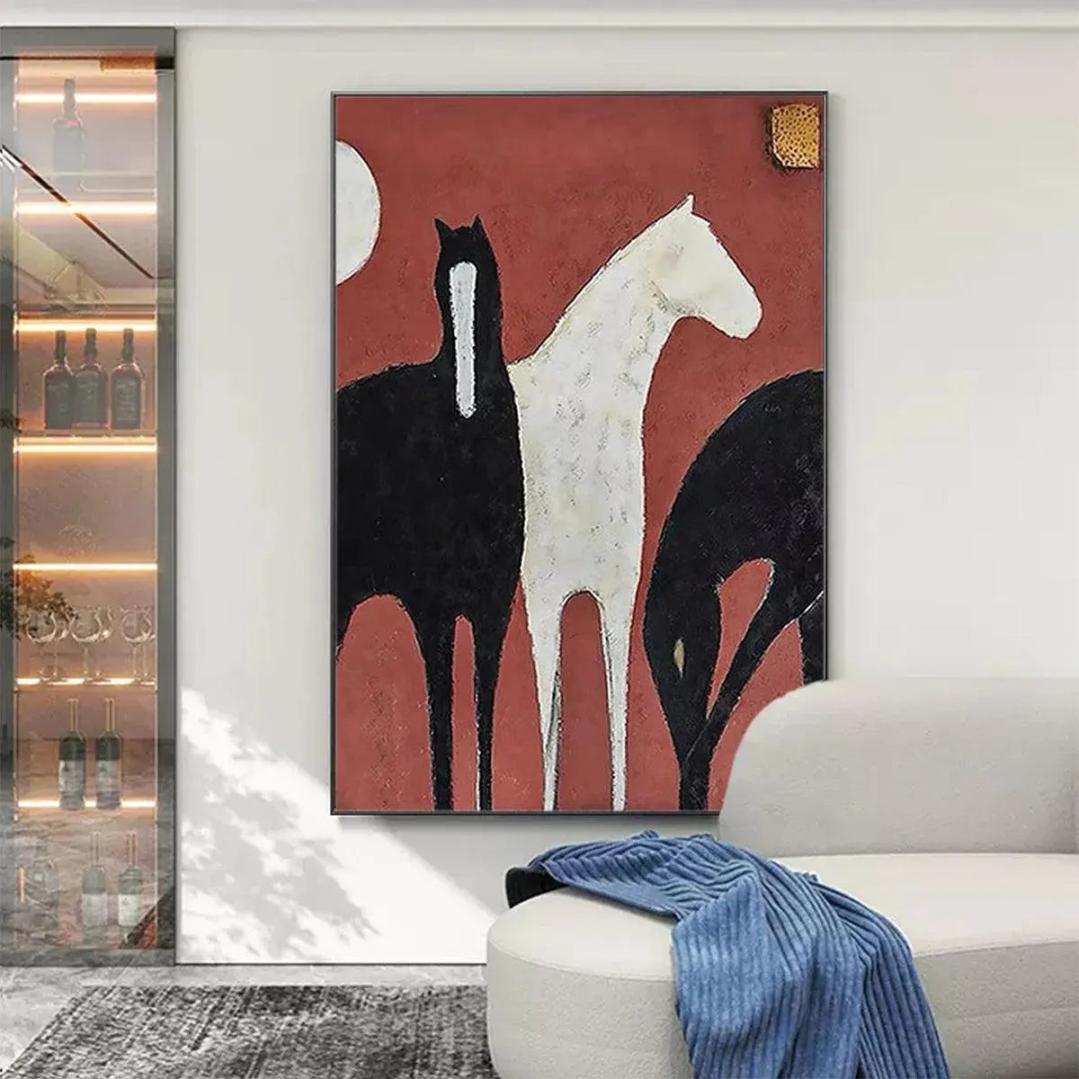 THREE HORSES ON RED: Minimalist Horse Painting, Vertical Wall Art
