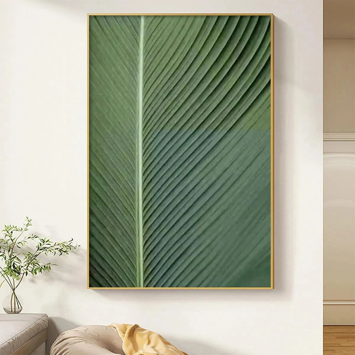 TROPICAL SERENITY: Minimalist Botanical Painting, Green Leaf Wall Art, Vertical Canvas