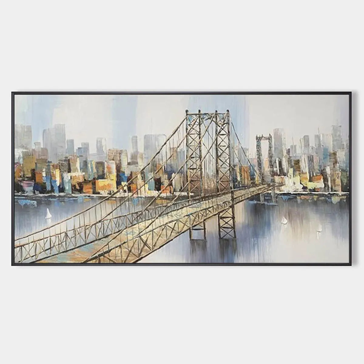 URBAN CONNECTIVITY: Panoramic Cityscape Oil Painting with Bridge