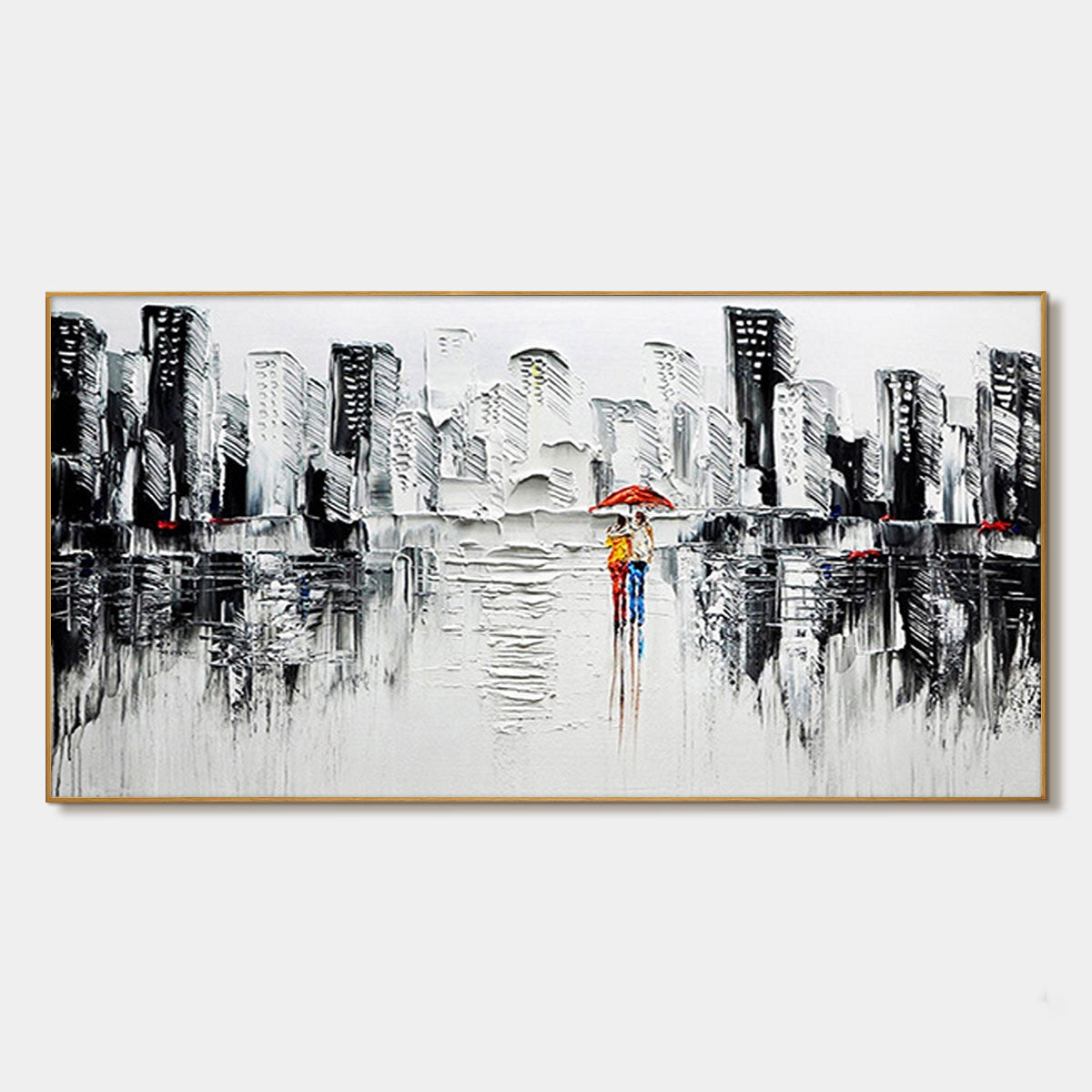 URBAN ROMANCE: Textured Cityscape Oil Painting in Black and White