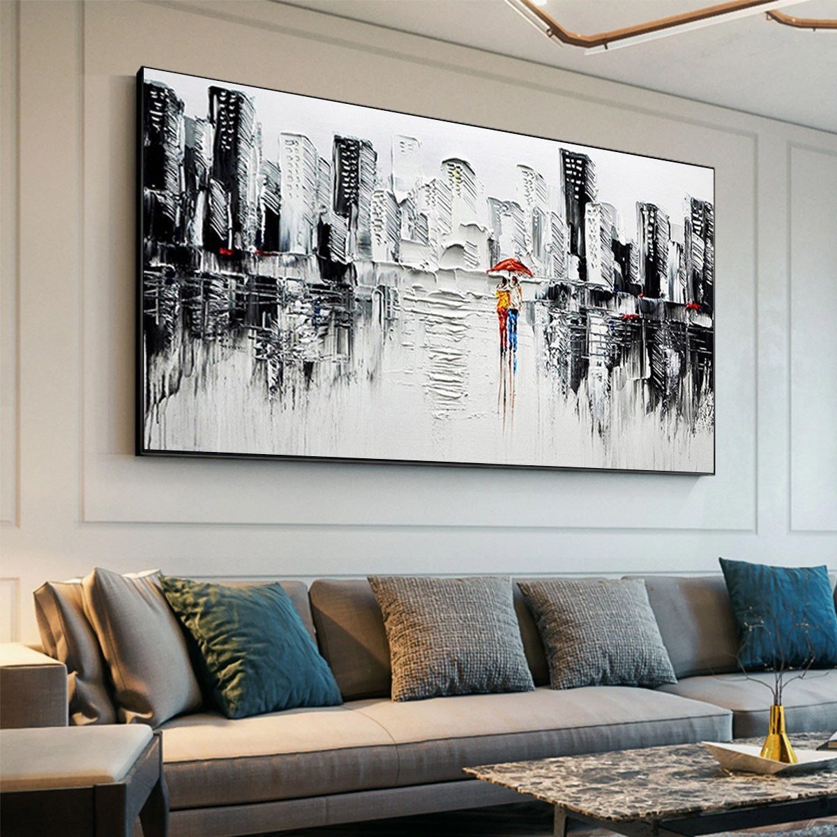 URBAN ROMANCE: Textured Cityscape Oil Painting in Black and White
