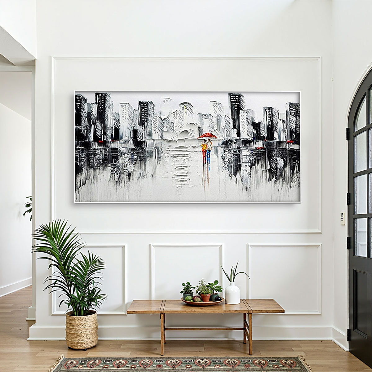 URBAN ROMANCE: Textured Cityscape Oil Painting in Black and White