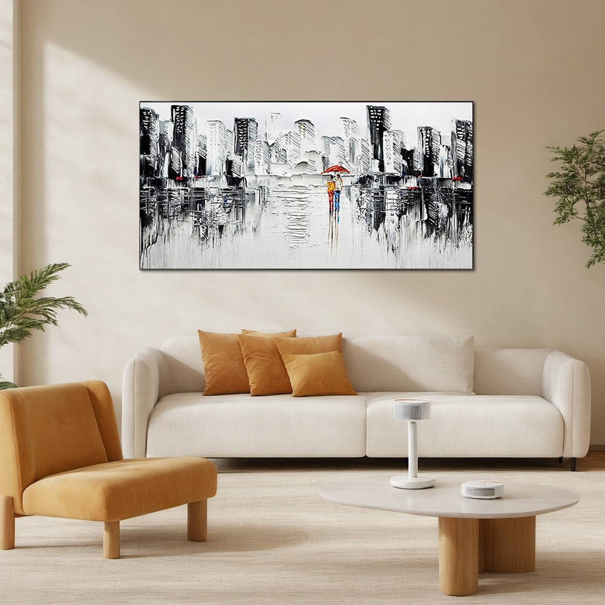 URBAN ROMANCE: Textured Cityscape Oil Painting in Black and White