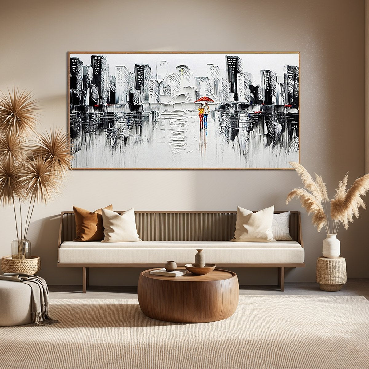 URBAN ROMANCE: Textured Cityscape Oil Painting in Black and White