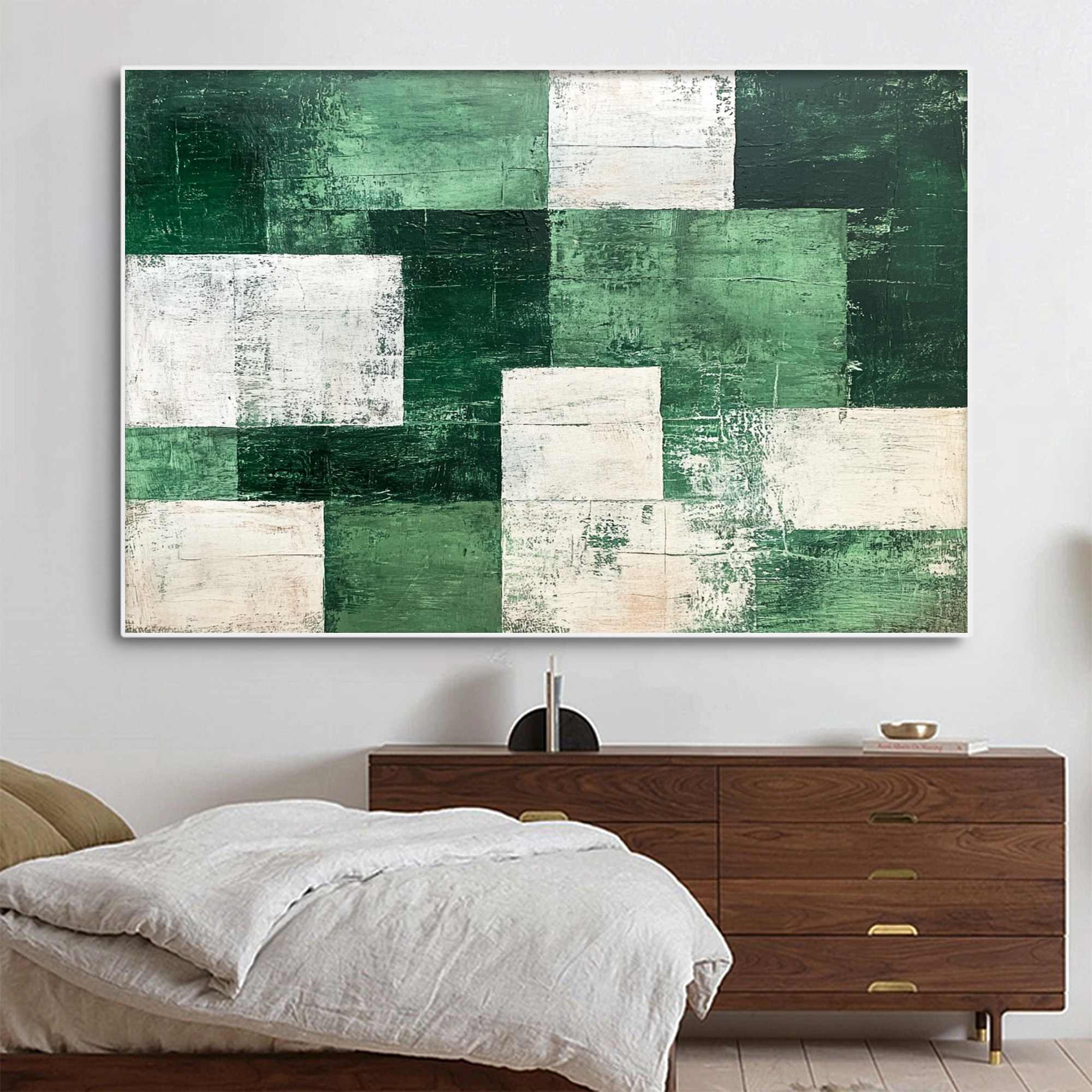 VERDANT BLOCKS: Textured Abstract Grid Oil Painting