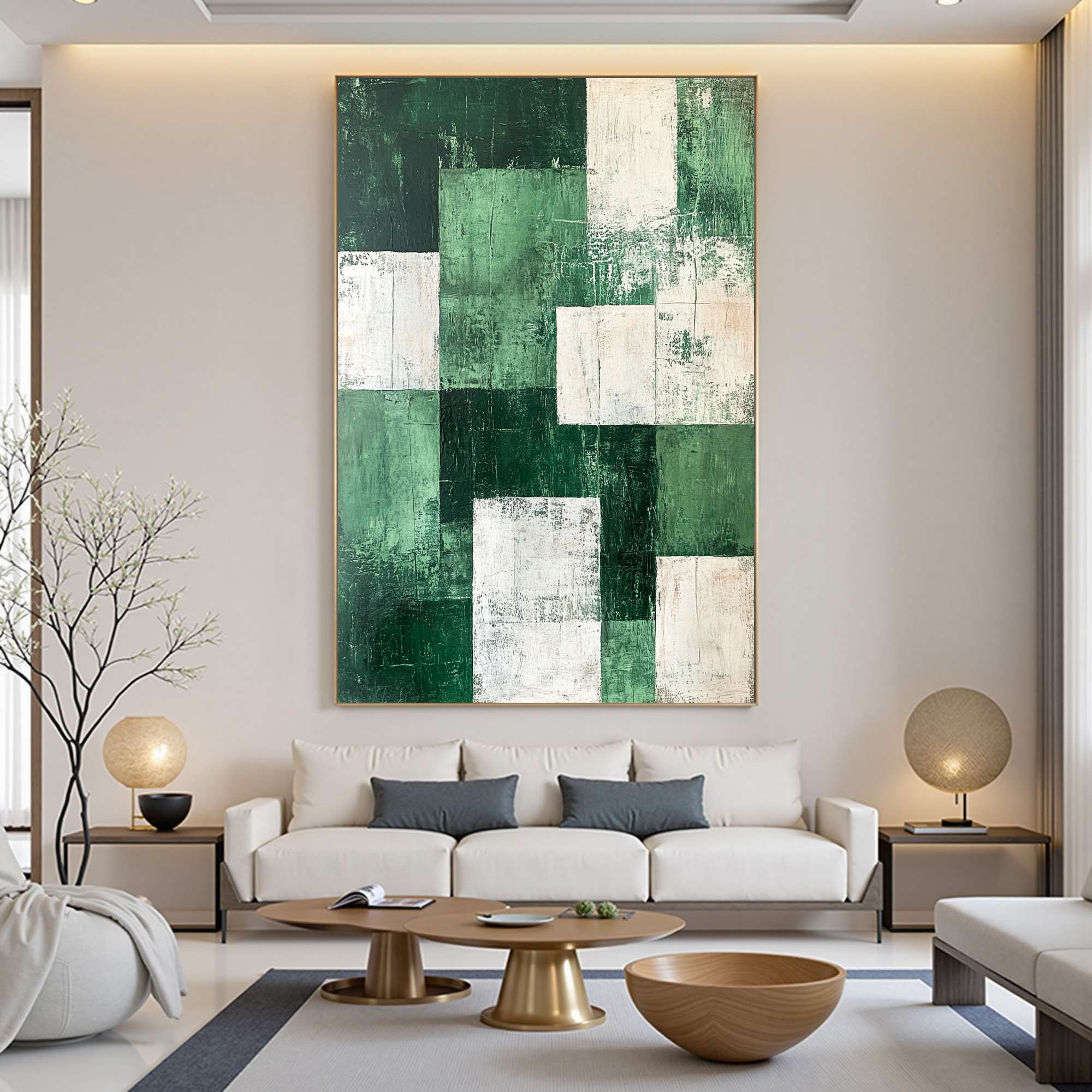 VERDANT BLOCKS: Textured Abstract Grid Oil Painting