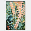 SECRET GARDEN: Vertical Abstract Floral Painting, Textured Green and Pink Garden, Living Room, Bedroom, Dining Room
