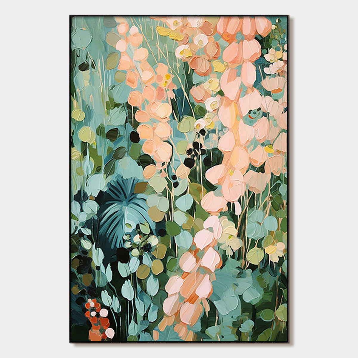 SECRET GARDEN: Vertical Abstract Floral Painting, Textured Green and Pink Garden, Living Room, Bedroom, Dining Room